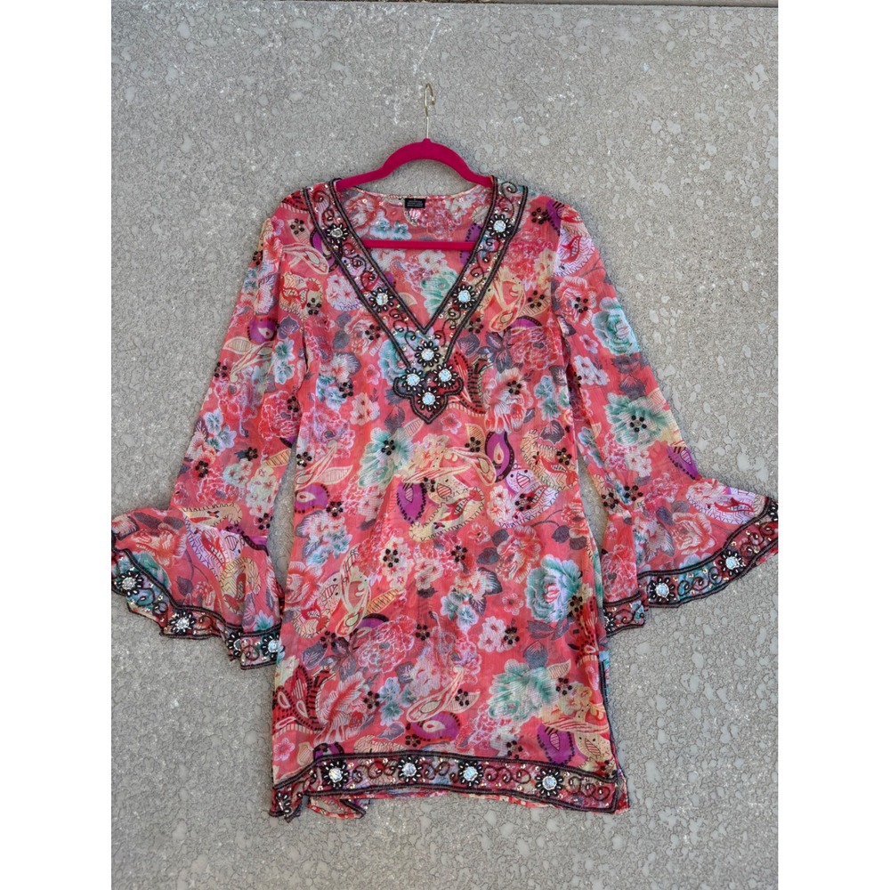 Sheer Floral Beaded Mini Dress Large Bell Sleeves V-neck Boho Summer Beach